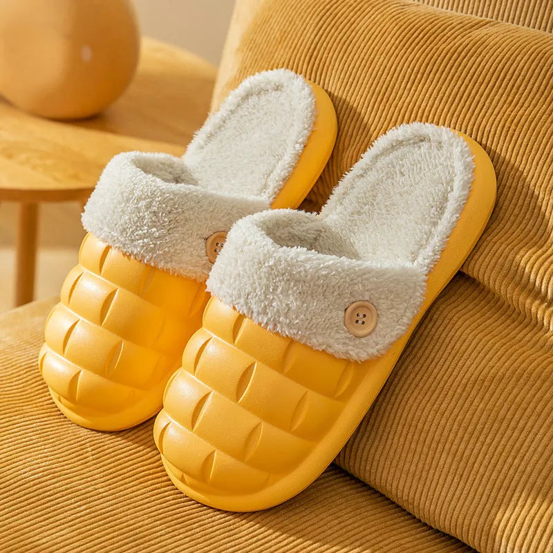 Plaid detachable slippers showing EVA construction and plush lining in pink, green, yellow, white, grey, or black.