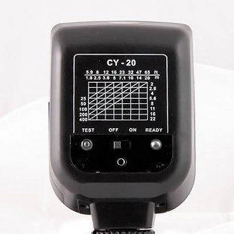 Compact SLR camera flash accessory with 90-degree tilt capability showing front view and side dimensions