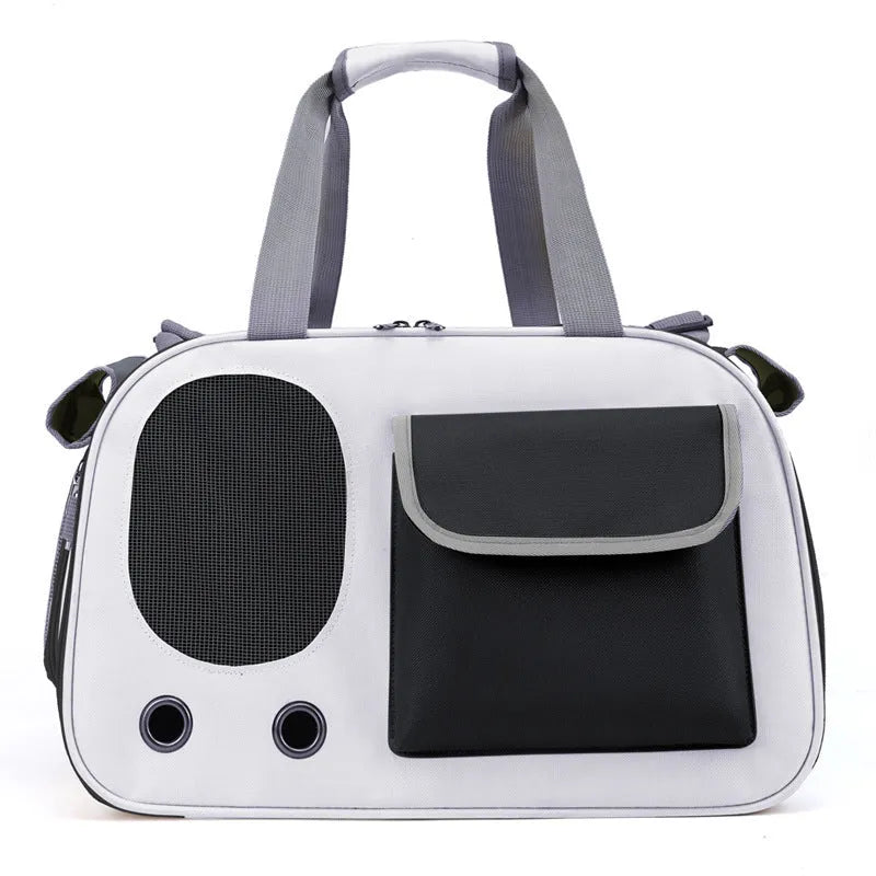 Yellow foldable canvas pet carrier backpack for cats and dogs with a single shoulder strap.