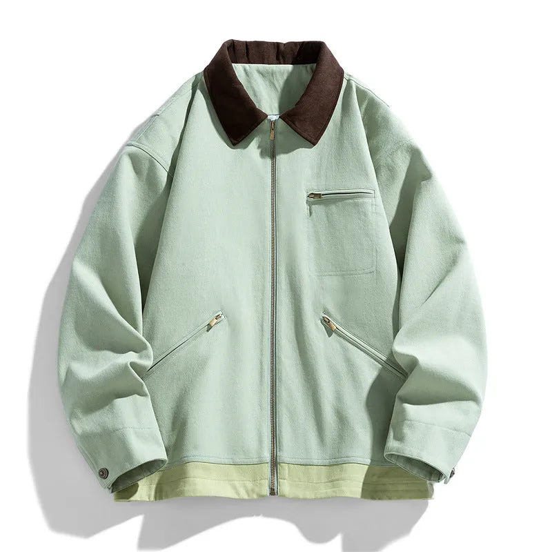 Men's Korean style workwear jacket with contrast lapels in loose fit autumn design