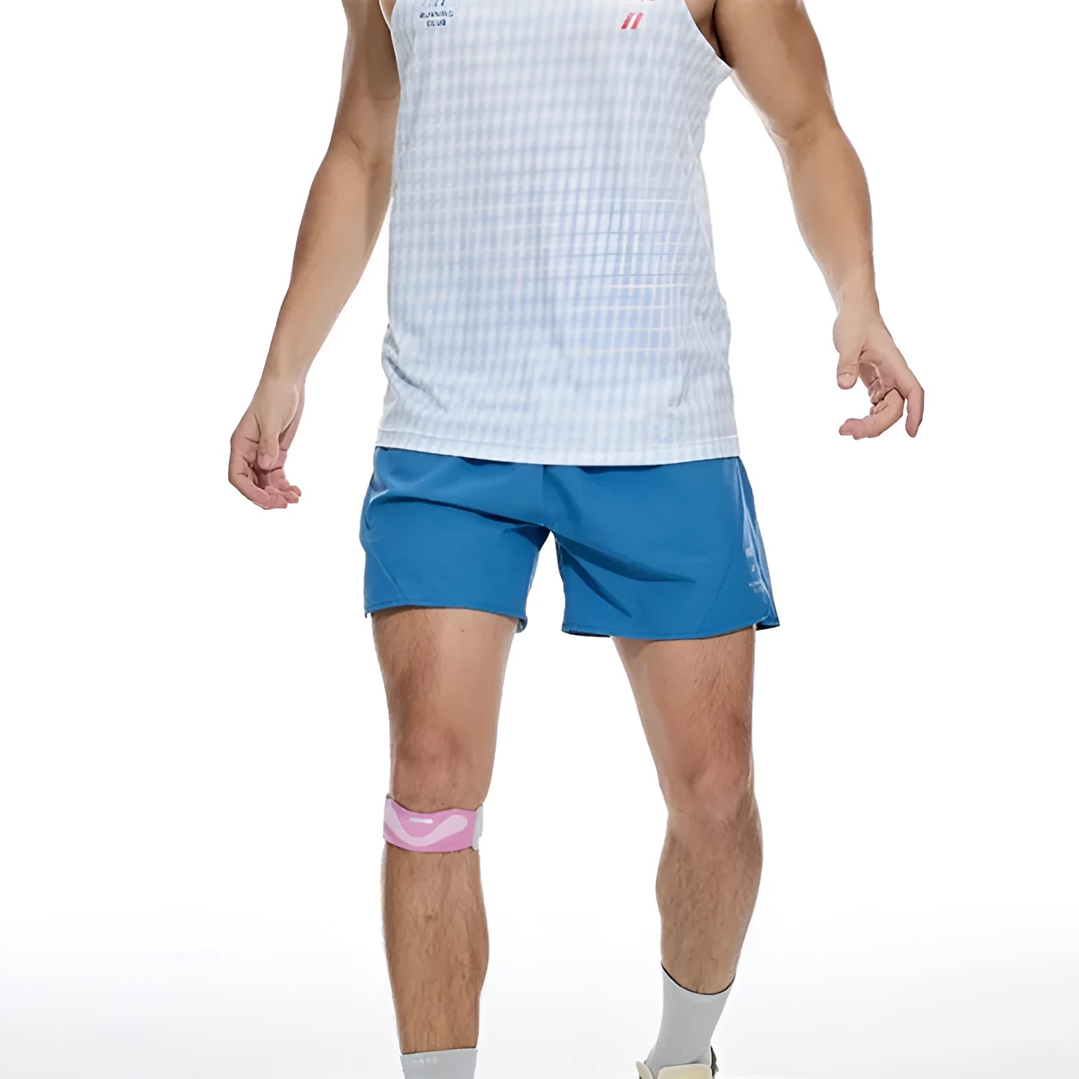 Black and blue four-point stretch running shorts with laser-punched stitching for training.