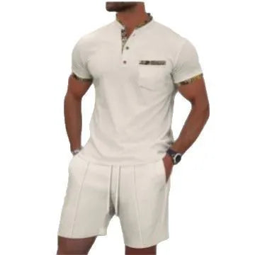 Men's grey cotton blend short sleeve zip-up jacket with matching shorts summer suit