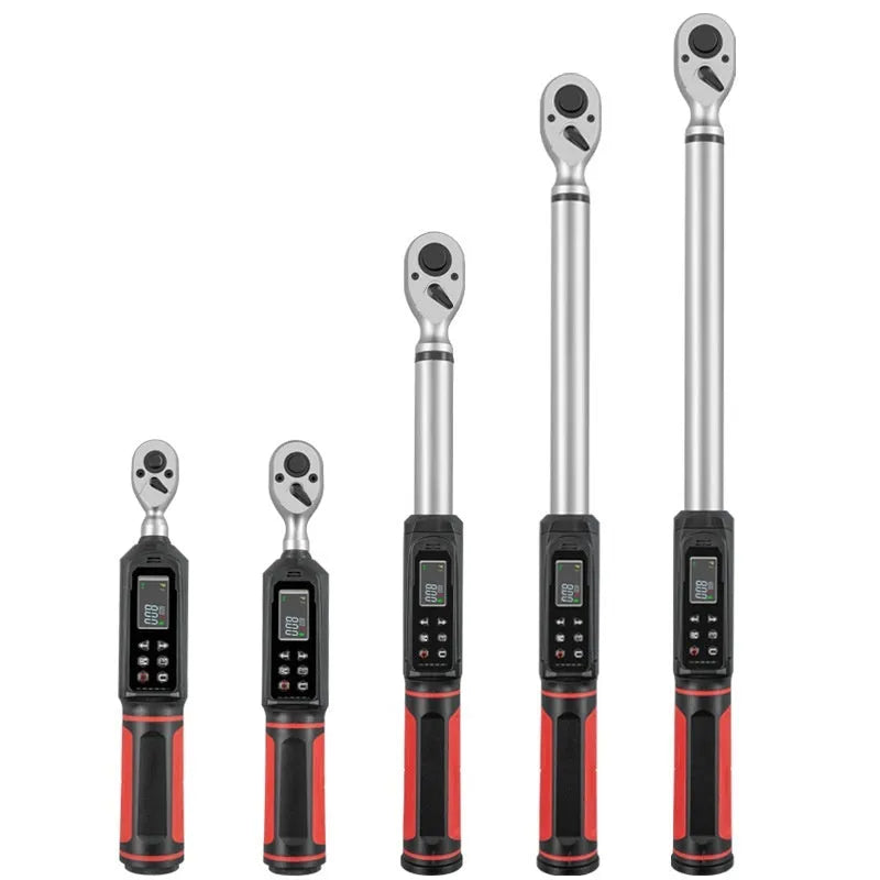 Electronic digital torque wrench with LCD screen and chrome-vanadium steel body.
