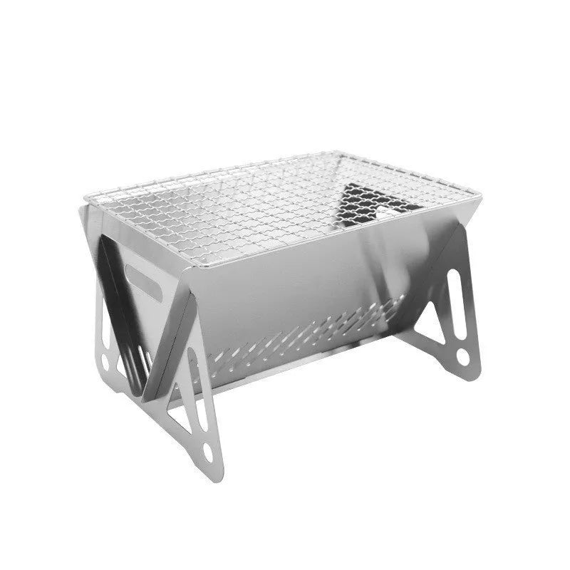 Folding stainless steel portable barbecue oven with large grill and storage bag.