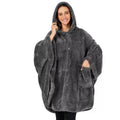 Thick hooded polyester bathrobe in black, dark grey, or pink, shown as a long-sleeve cardigan.