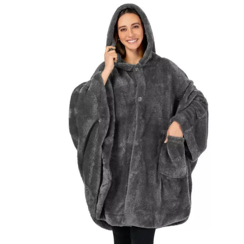 Thick hooded polyester bathrobe in black, dark grey, or pink, shown as a long-sleeve cardigan.