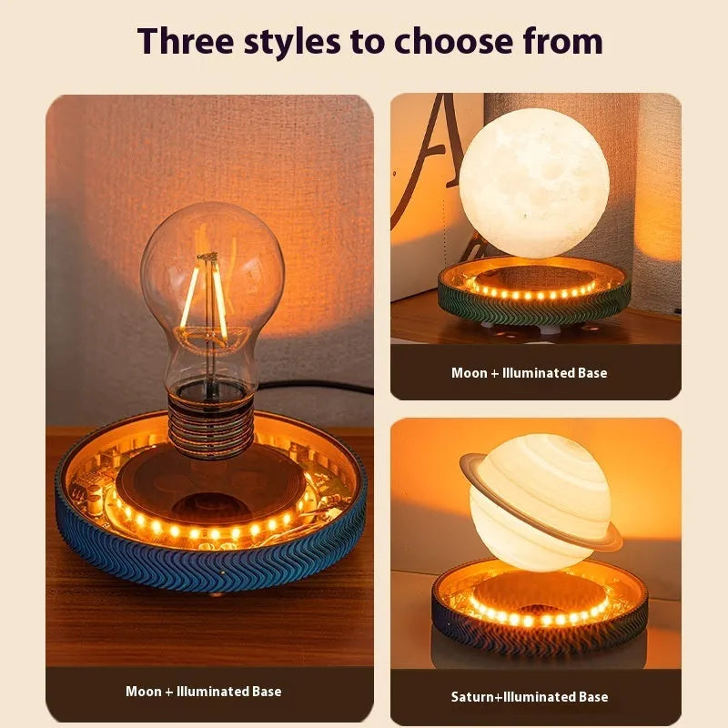 Magnetic suspension moon night lamp with 3D printed celestial design levitating above surface