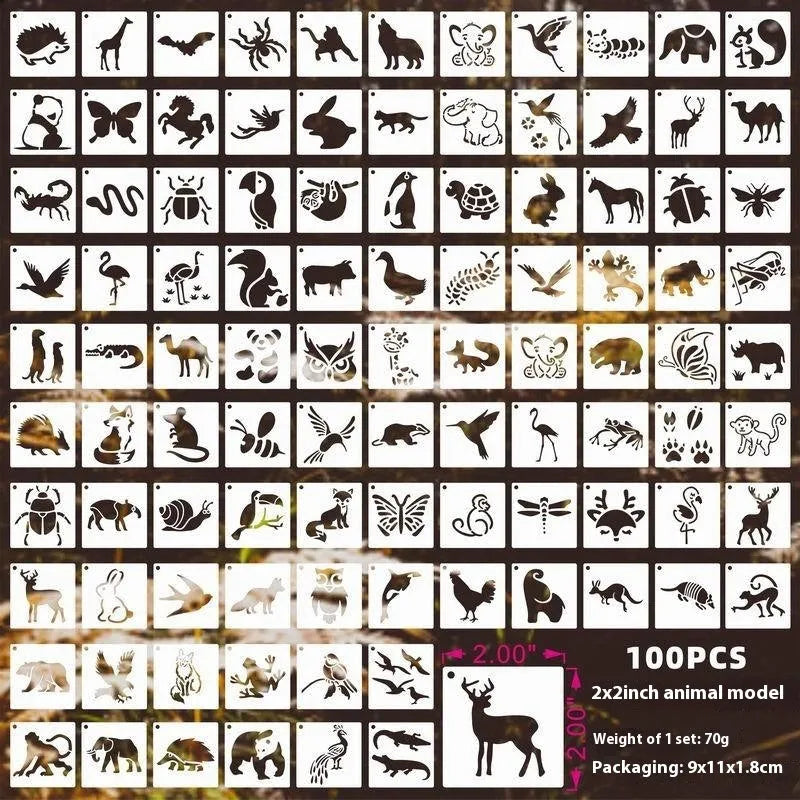Milky white PET film craft stencils showing hollow cut-out designs of animals, flowers, letters, and ocean themes.
