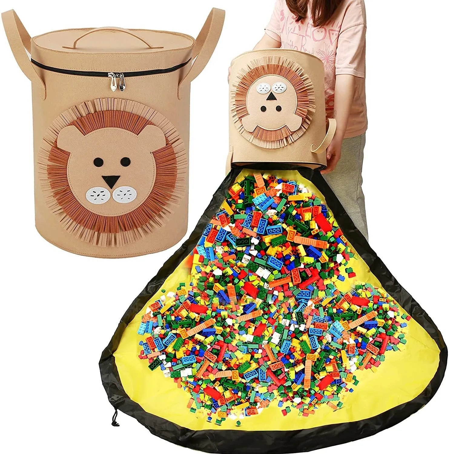 Green felt cube storage bag with pull rope, shown as a toy organiser and play mat.