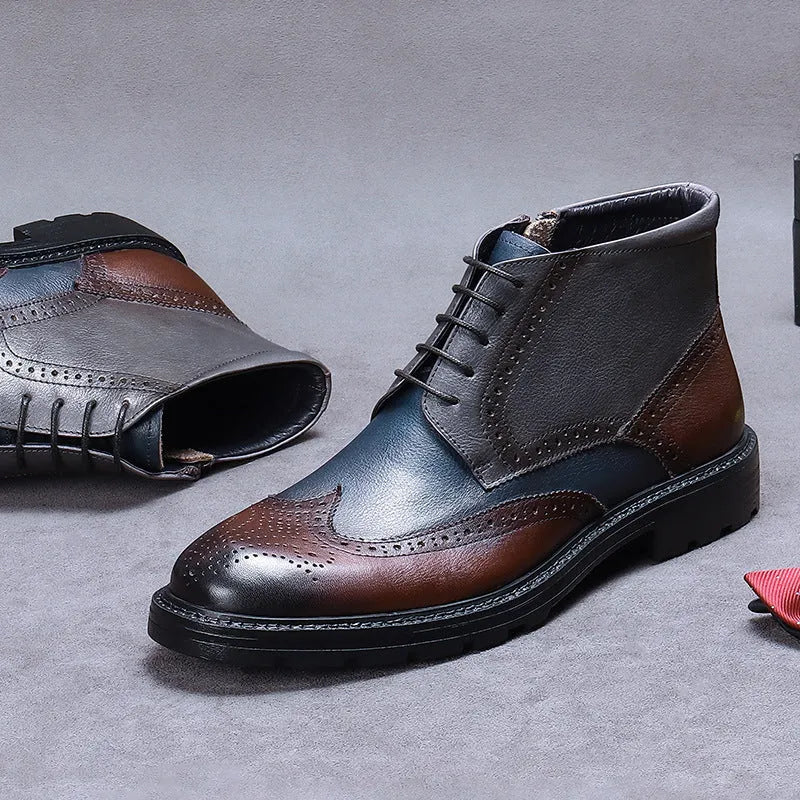 Men's curry blue leather brogue boots with carved detailing and colour blocking