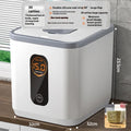Grey plastic sealed rice storage jar with lid and measuring cup in three size options