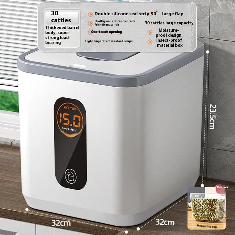 Grey plastic sealed rice storage jar with lid and measuring cup in three size options