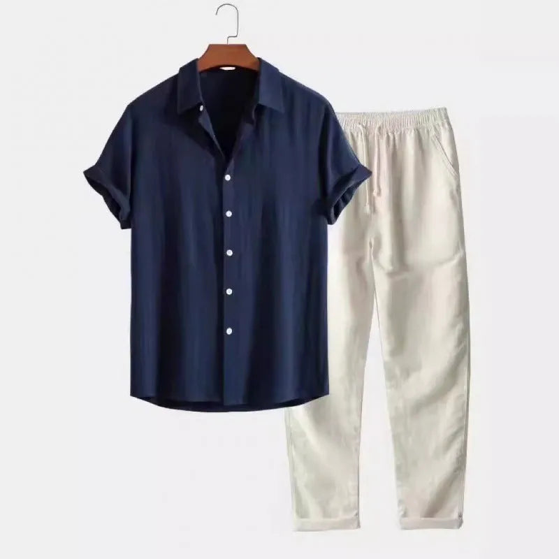 Men's casual linen-look shirt and trouser set in multiple colours with short sleeves and loose fit