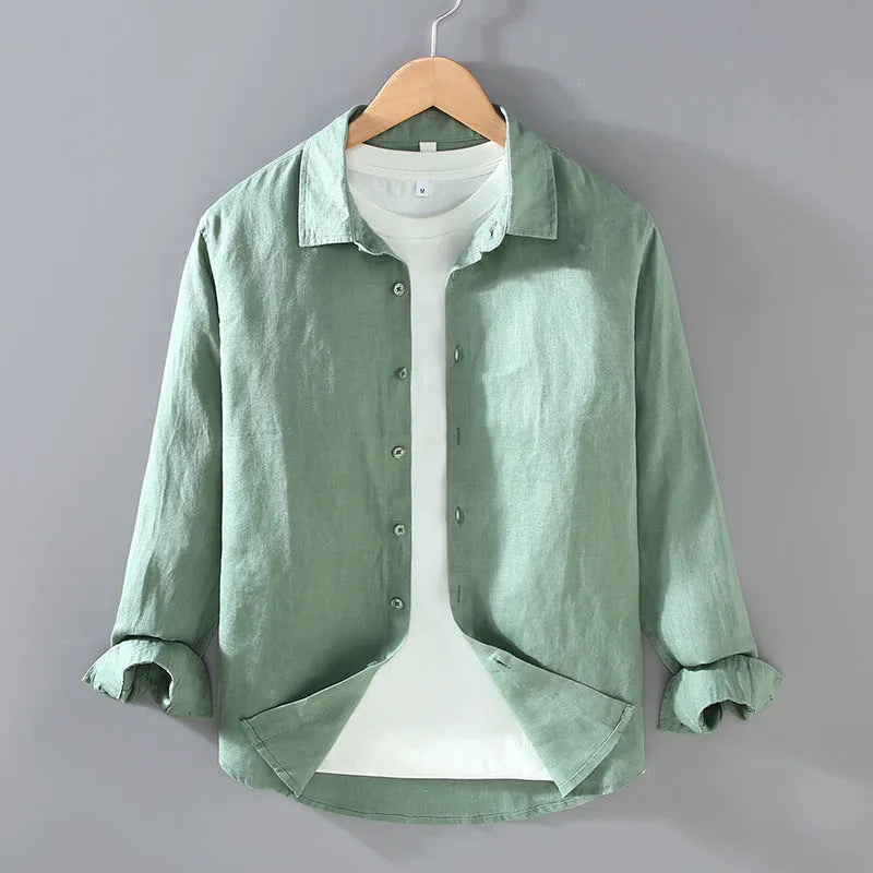 Men's pure linen simple cardigan shirt in a solid colour with long sleeves.