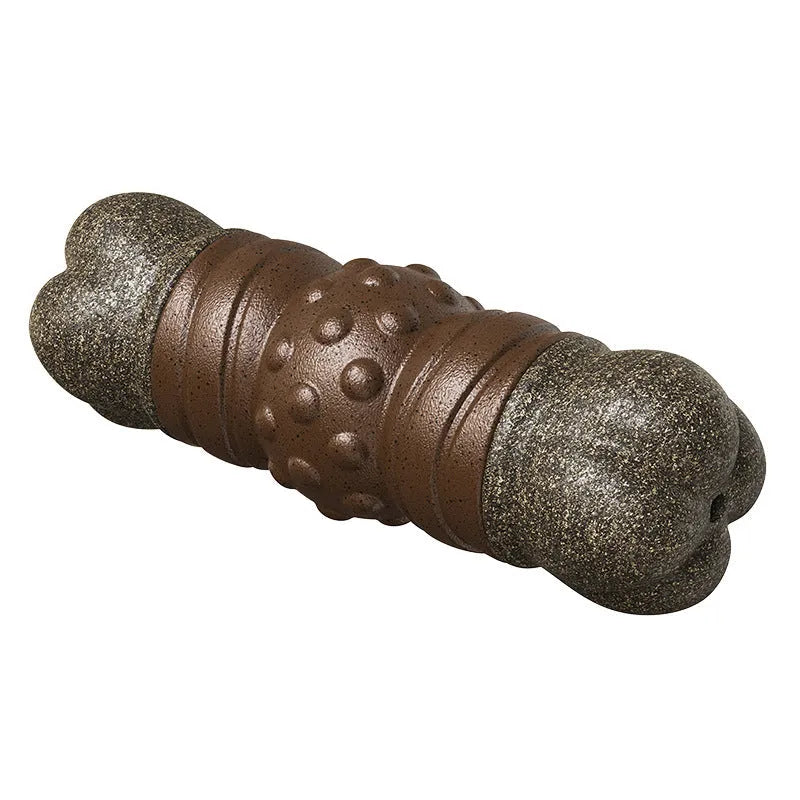 Wood colour plastic bone-shaped dog toy with textured dental cleaning surfaces for chew play and oral care