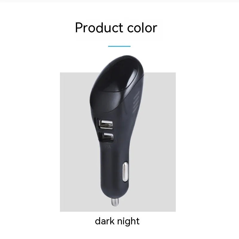 White car USB charger with integrated negative ion purifier showing compact dimensions