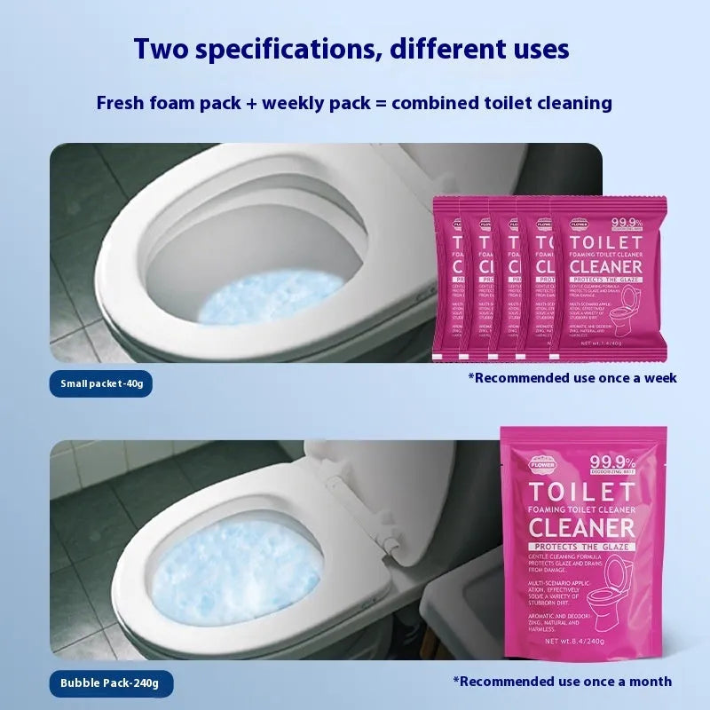 Toilet bubble powder in blue ocean or pink floral fragrance for descaling and anti-blocking