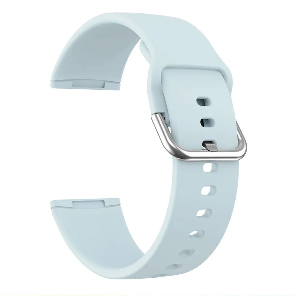 Solid colour silicone strap with silver buckle for Fitbit Versa 3 and Sense 2 watches.