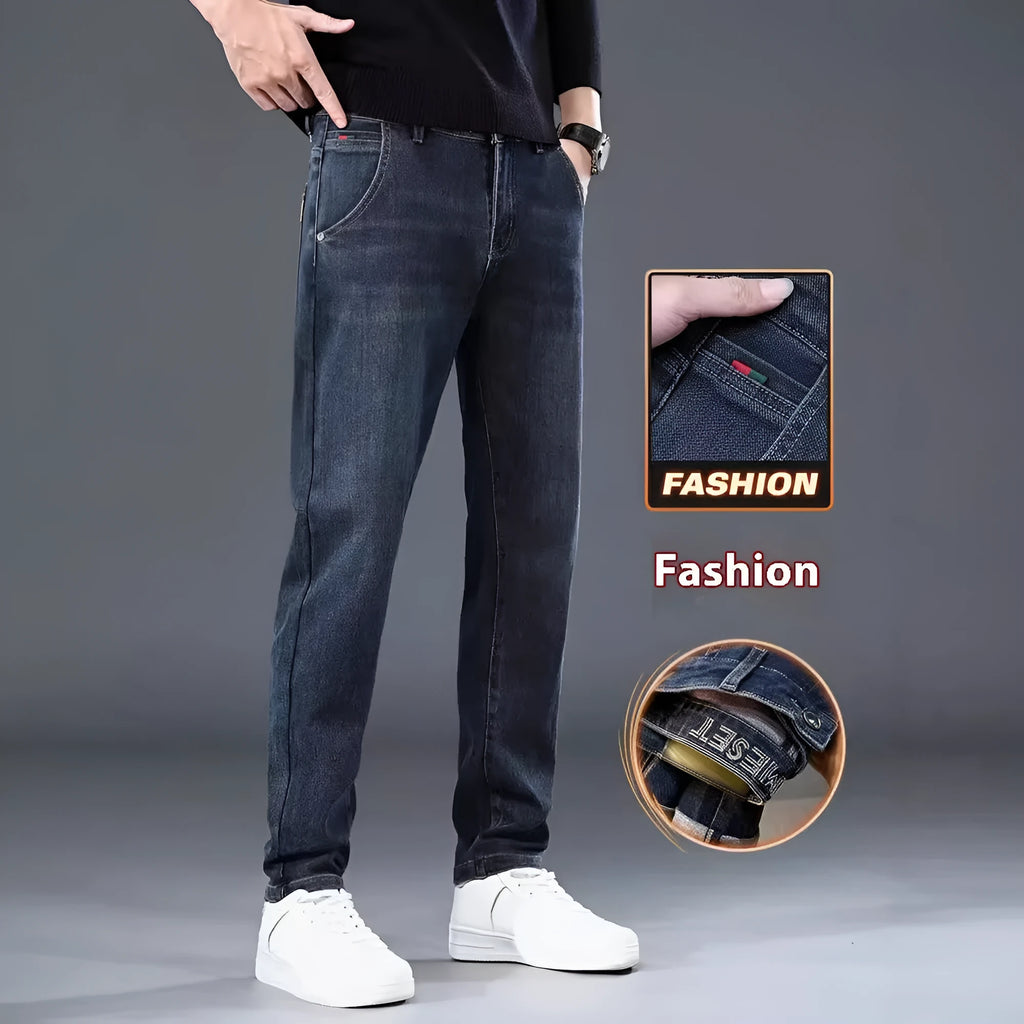 Slim straight casual trousers in blue grey colour with mid-waist design and micro-elastic fabric