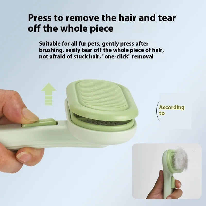 Large pet hair removal comb in light grey with stainless steel teeth and one-click knot remover.