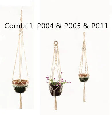 Woven wire plant hanger with cotton rope and jute twine in multiple style configurations