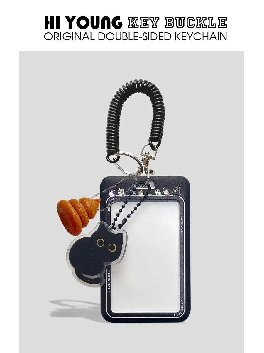 Cartoon black cat design plastic card sleeve holder with ferrule pendant for bus and student cards