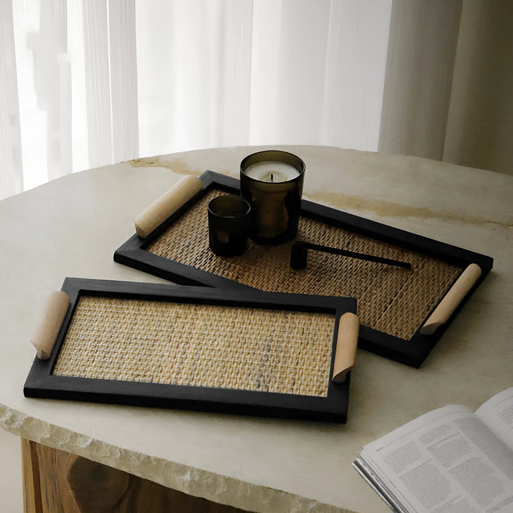 Pine wood serving tray with a central divided compartment for biscuits and snacks.