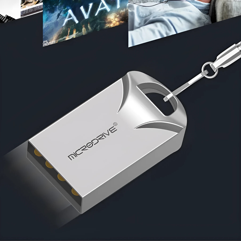 Compact black and silver metal USB flash drive on a white background showing its small size.