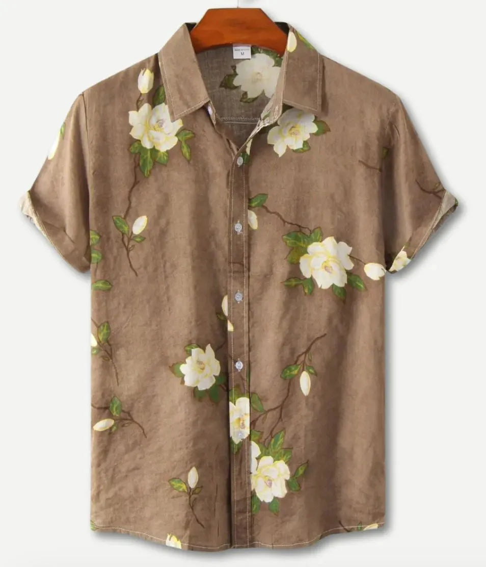 Hawaiian floral print short sleeve shirt with lapel design on elastic polyester fabric