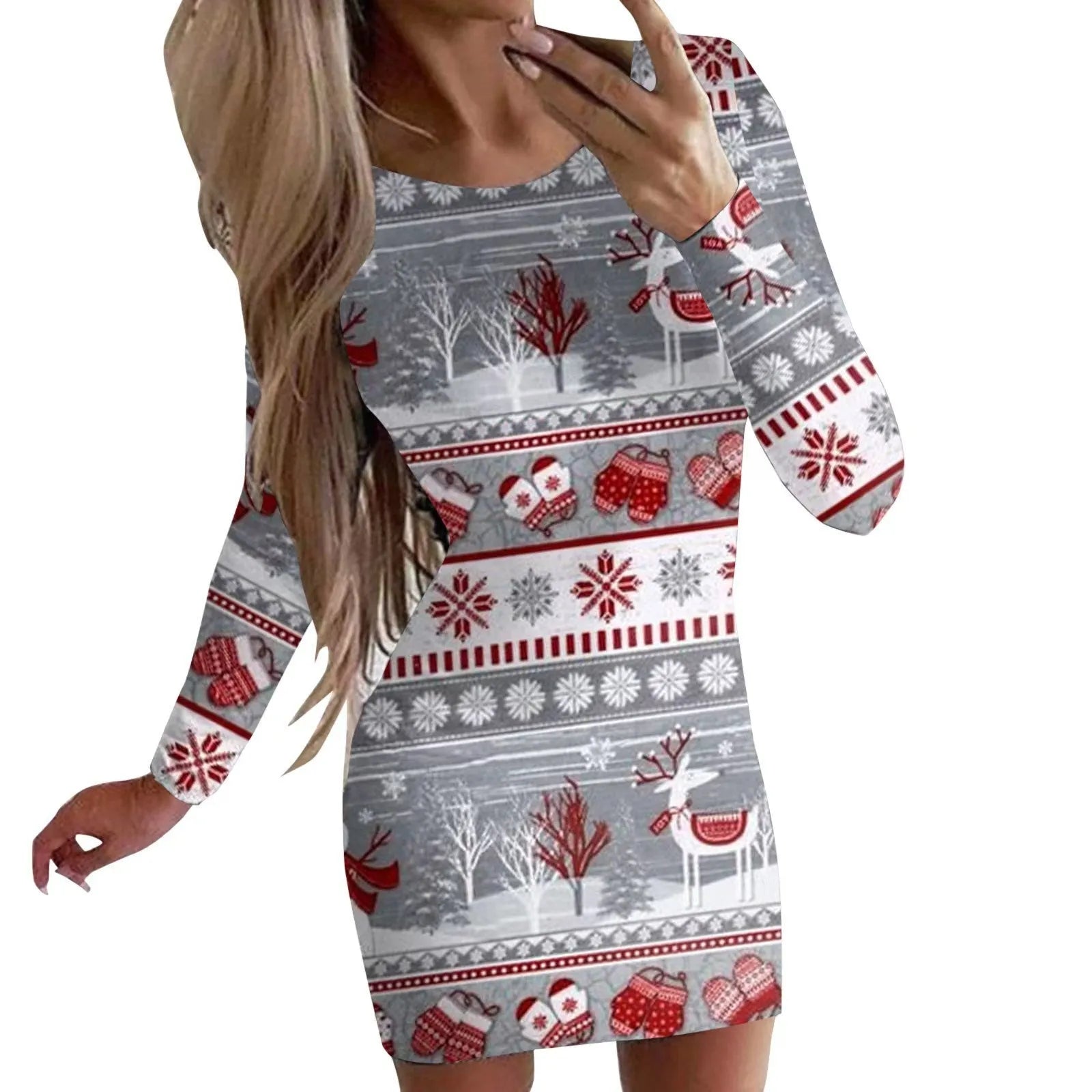 Women's Christmas printed dress with animal patterns, round neck, long sleeves in floral colours