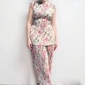 Women's long sleeve printed chiffon dress set with high waist and matching top in picture colour