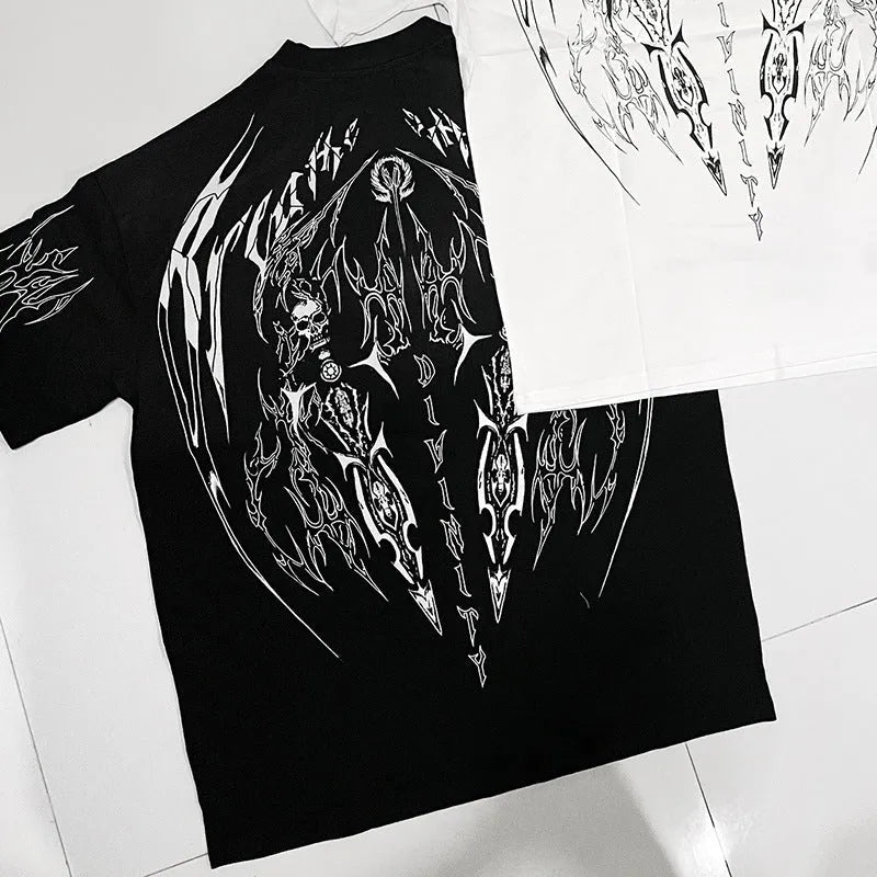 A man's loose-fit dark coloured cotton t-shirt with a gold gilding design detail on the front.
