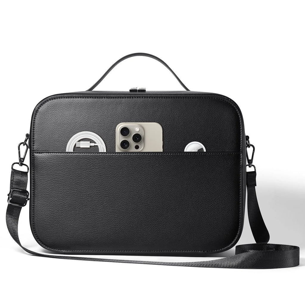 Black superfiber MR glasses storage box for Apple Vision Pro, shown with included storage bag.