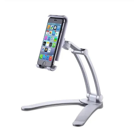Silver aluminium alloy desktop tablet stand holding a tablet at an adjustable angle with a white mounting base.