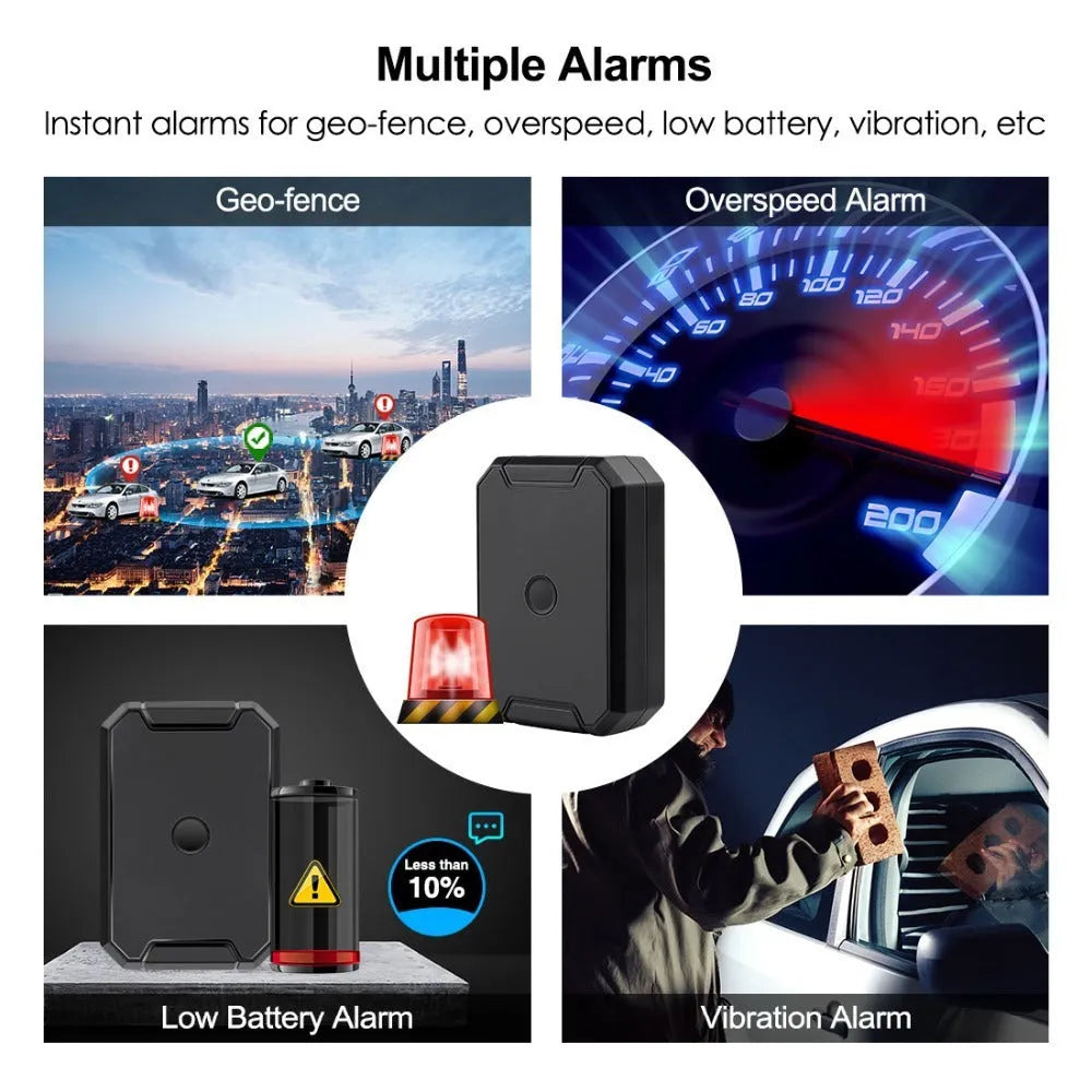 Black GPS car locator with 6000mAh battery showing IP65 waterproof rating and ceramic antenna