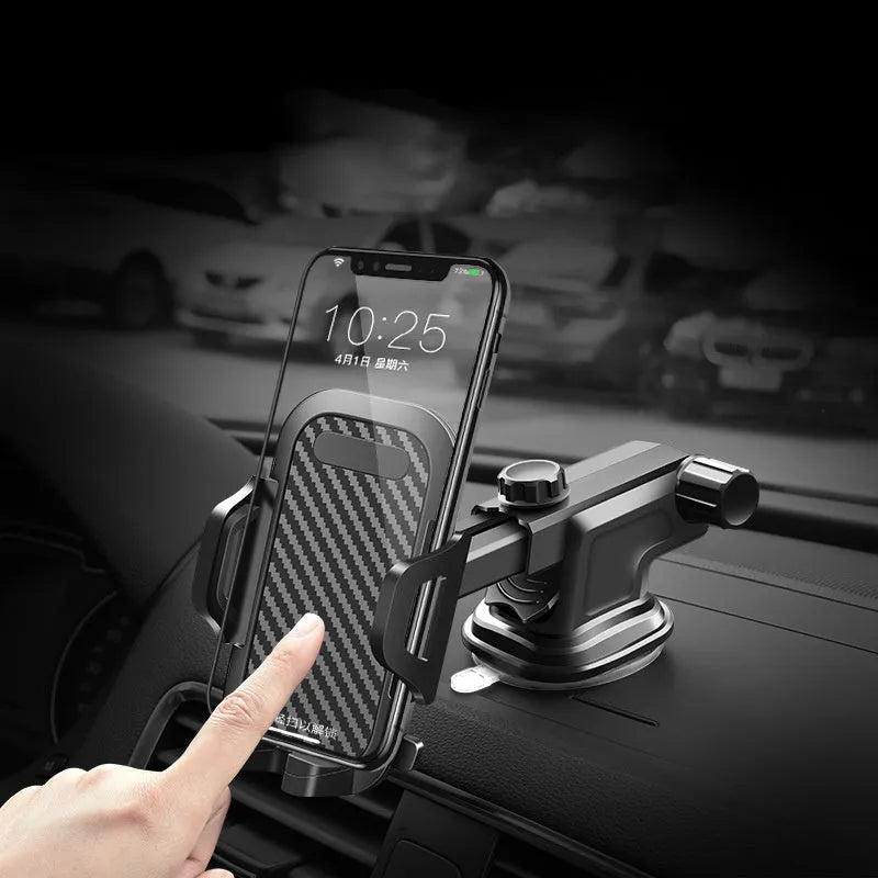 Black car phone holder with adjustable clamp for mobile devices between 4 and 7 inches