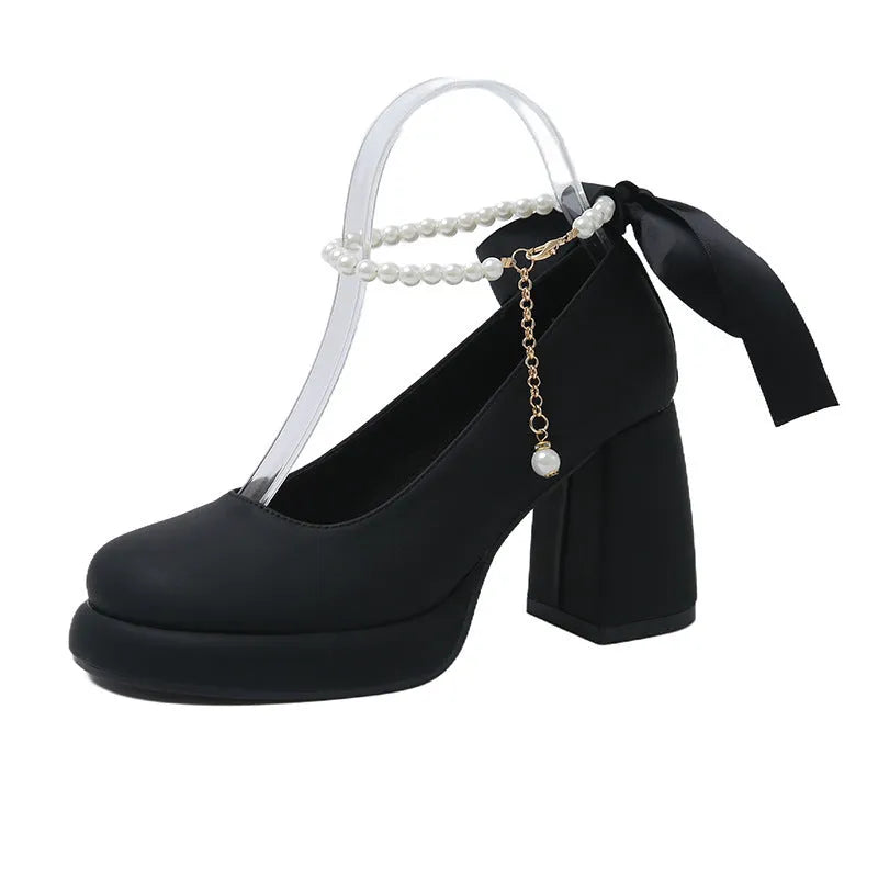Women's Mary Jane shoes with ankle-strap buckle and chunky heel in beige, black, or milk tea colour