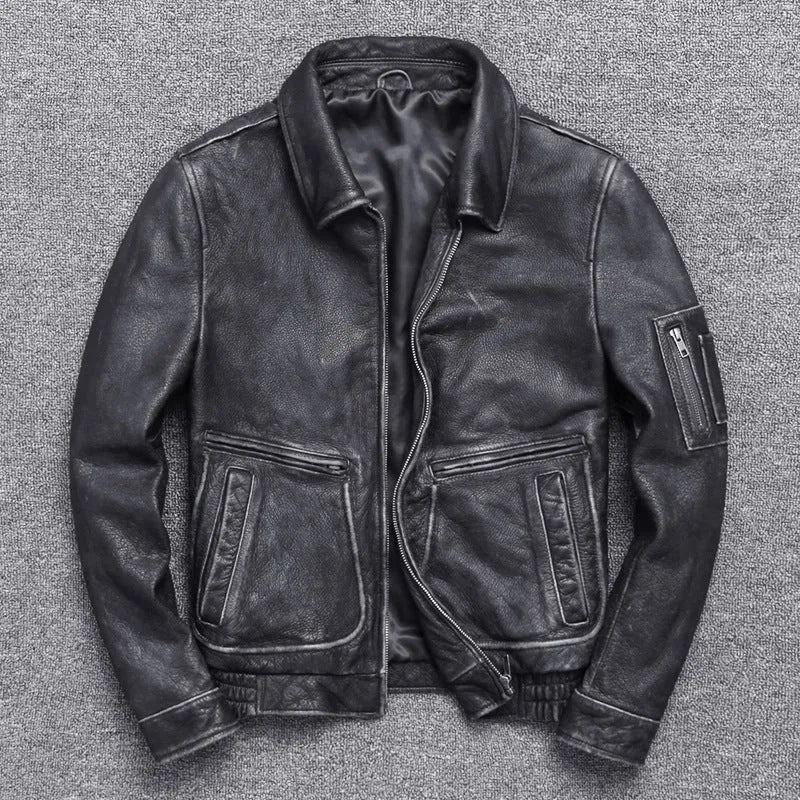 Thick cowhide leather casual jacket for men in American leisure style with lapel collar and ribbed hem