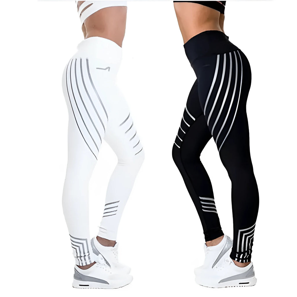 Women's black and white glow-in-the-dark workout leggings with slim-fit design