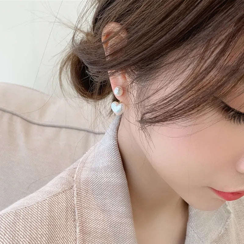 Heart-shaped Korean style stud earrings with electroplated alloy and artificial pearl accents