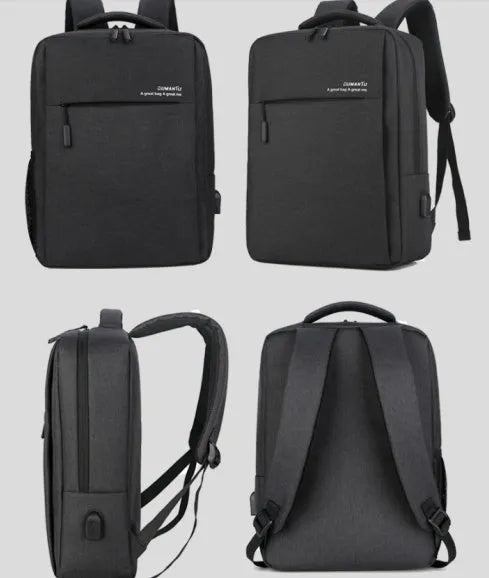 Black waterproof Oxford cloth laptop backpack with shoulder straps and built-in rechargeable power bank.