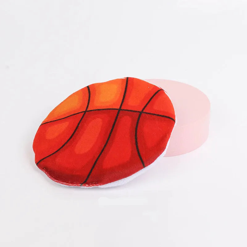 Flat, plush cat toy with a sports ball pattern, featuring catnip and a crinkle sound layer inside.