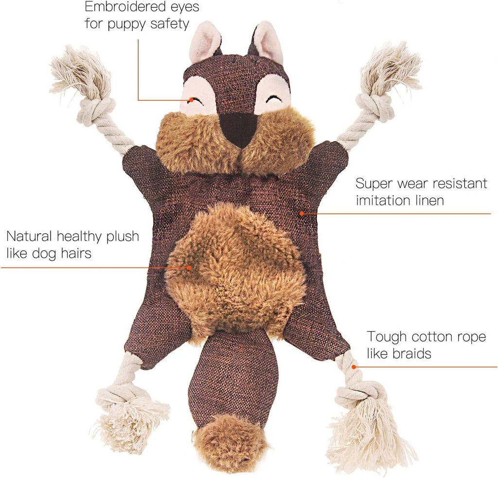 Brown fox-shaped dog toy with squeaker in head, crinkle paper body, and rope arms and legs
