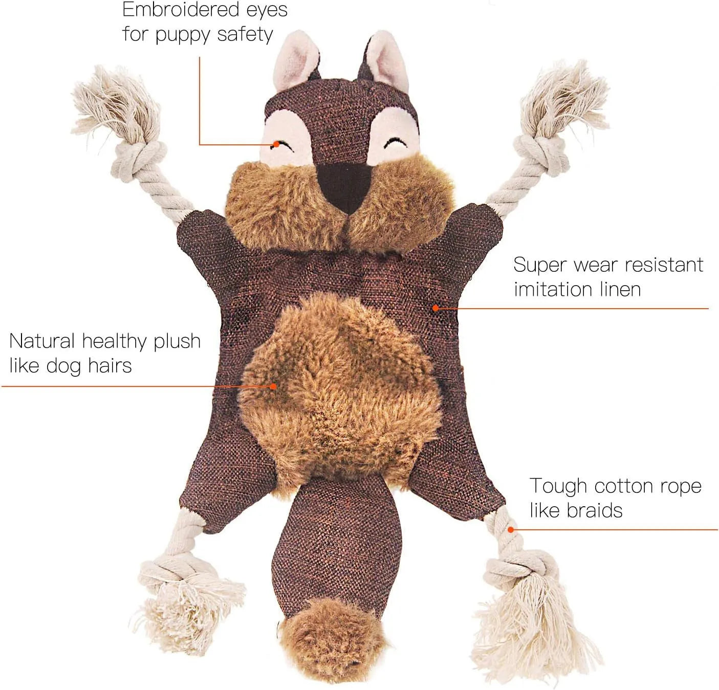 Brown fox-shaped dog toy with squeaker in head, crinkle paper body, and rope arms and legs