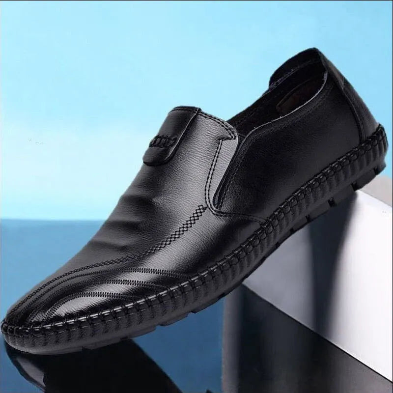 Men's black and brown PU business shoes with flat heel for spring, showing lace-up and slip-on style options