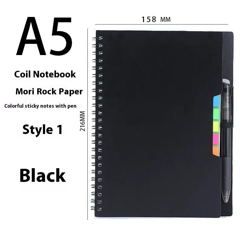 Erasable spiral notebook with stone paper in choice of cover colours, featuring optional pockets or sticky notes