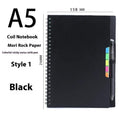 Erasable spiral notebook with stone paper in choice of cover colours, featuring optional pockets or sticky notes