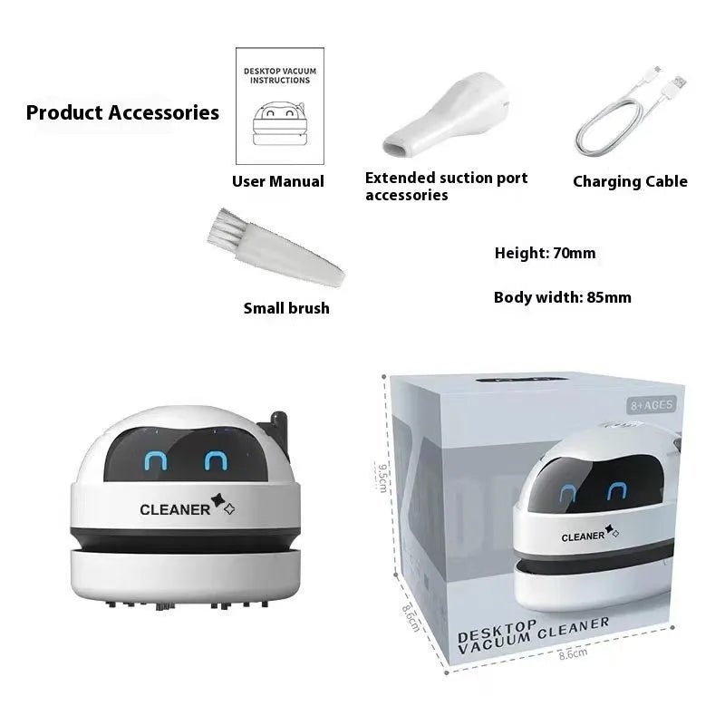 USB handheld desktop vacuum cleaner in blue rocket design on a wooden desk