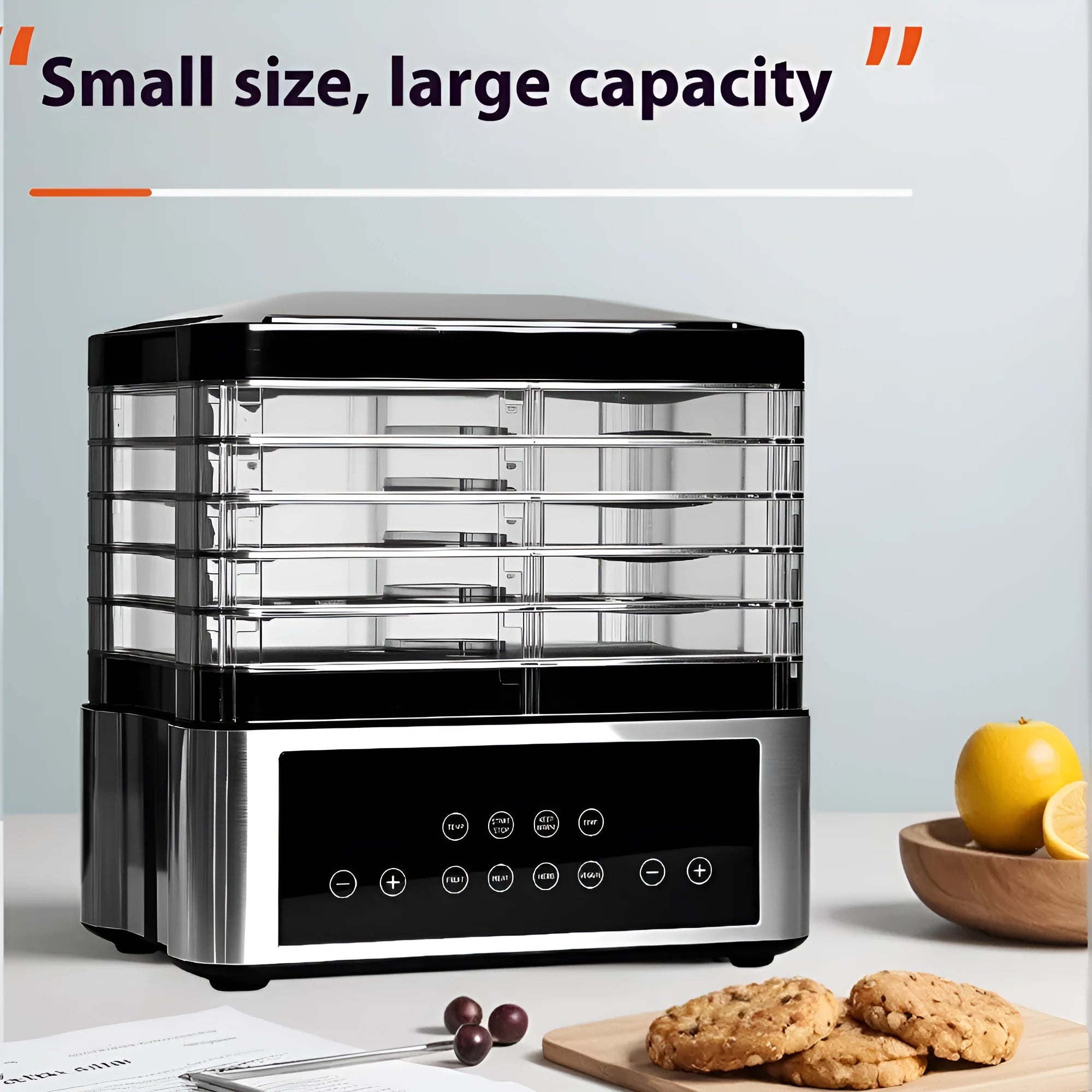 Silver stainless steel food dehydrator with 14 litre capacity and digital temperature control