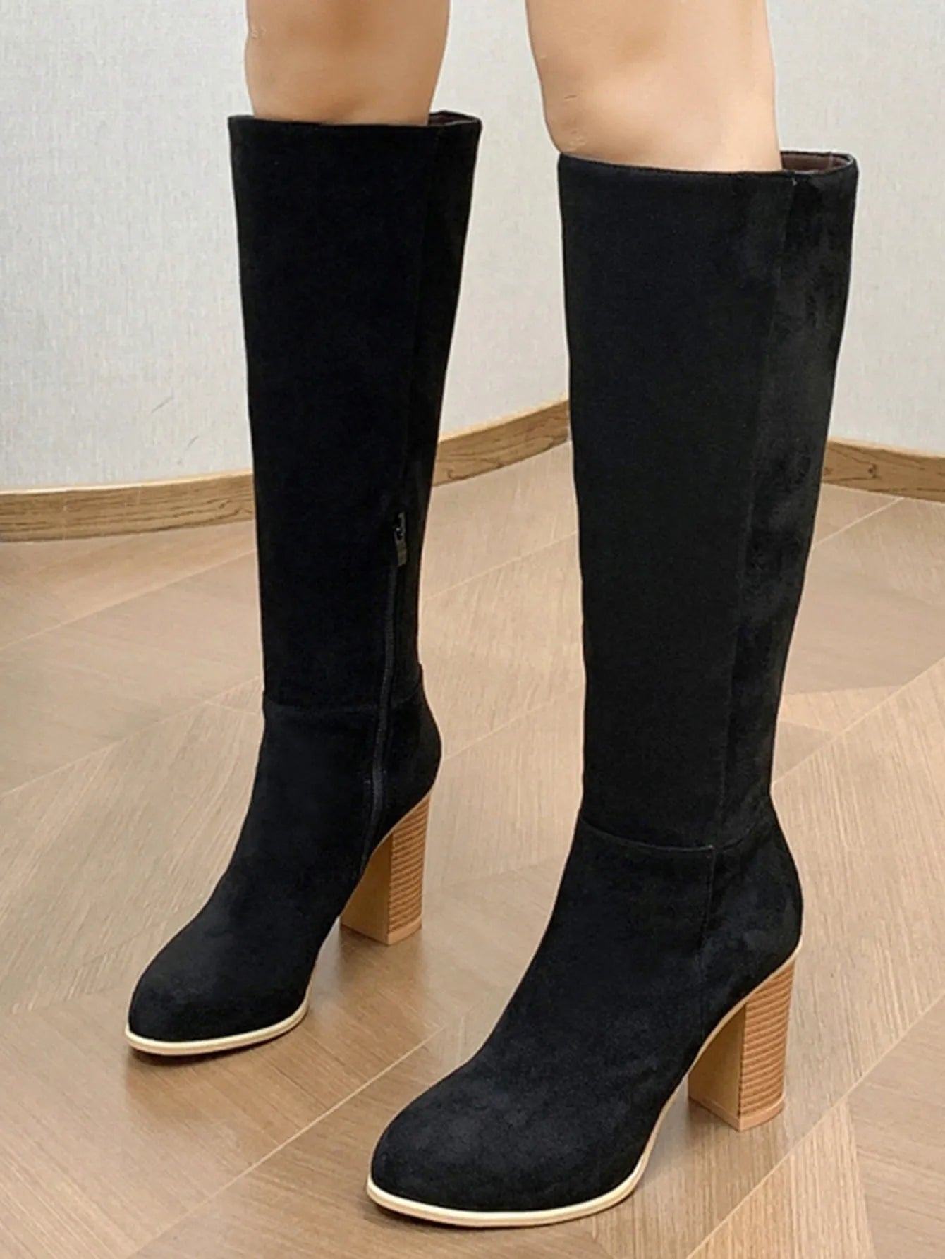 Women's square toe high heel fashion boots in artificial PU leather available in black and dark brown